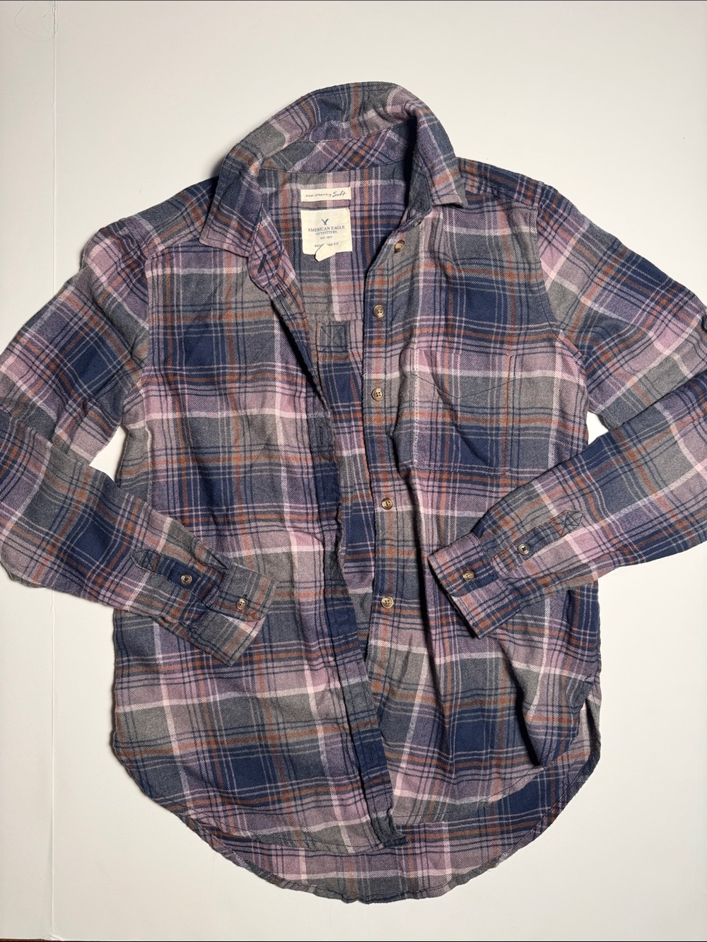 American Eagle Boyfriend Fit soft Plaid Flannel button Shirt XS BLUE GRAY PURPLE